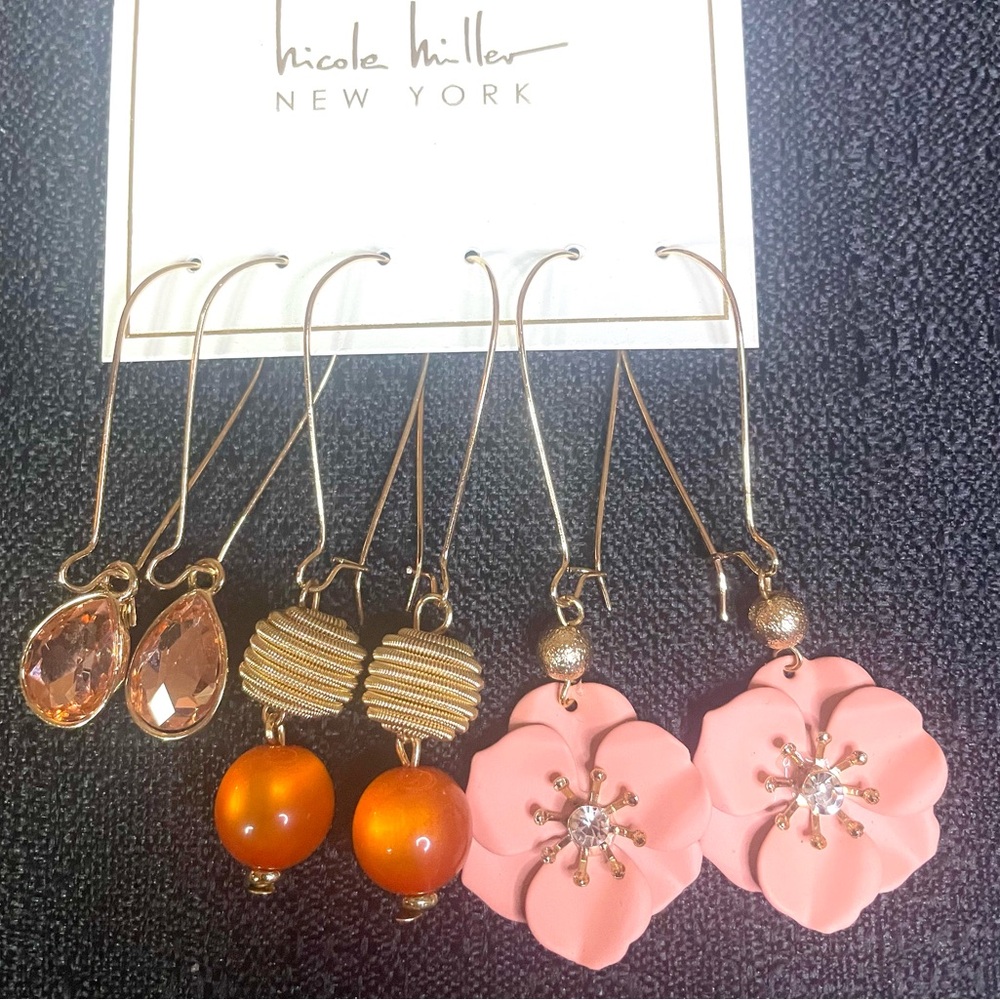 Nicole Miller Dangle Earrings 3x Rhinestones Floral Spiral Ball Gold Pierced NWT